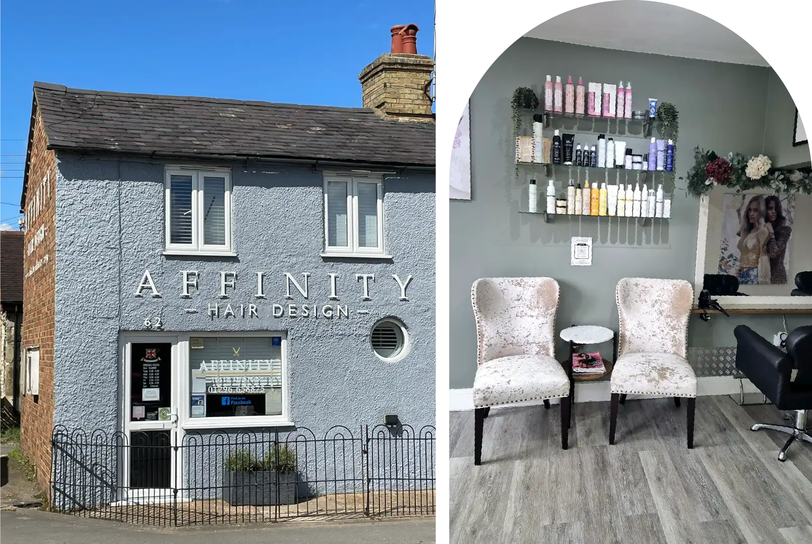 A collage of two photos, the left image being the front of Affinity Hair Design and the right being the interior waiting area